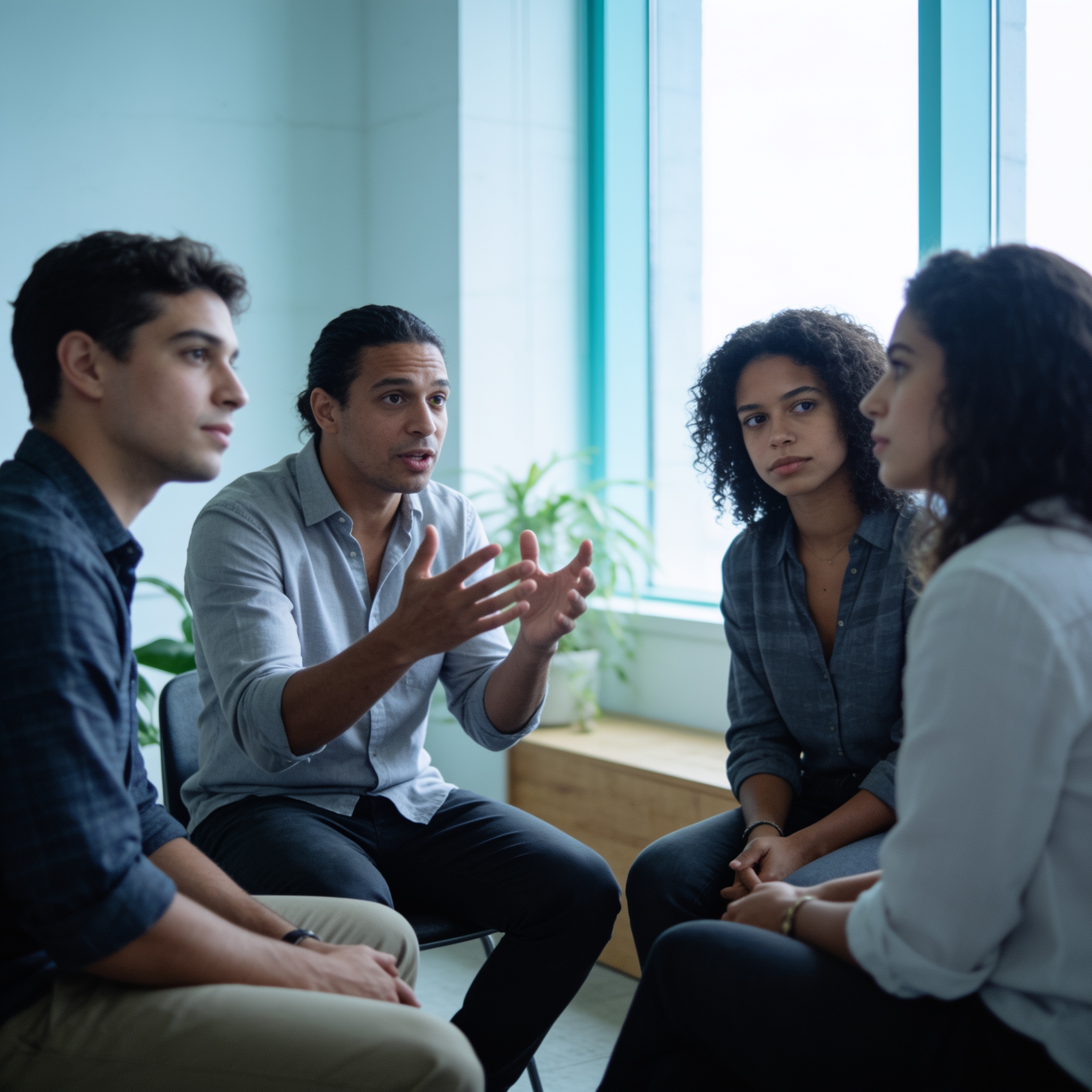Encontro por vídeo entre pessoas discutindo um tema de psicologia